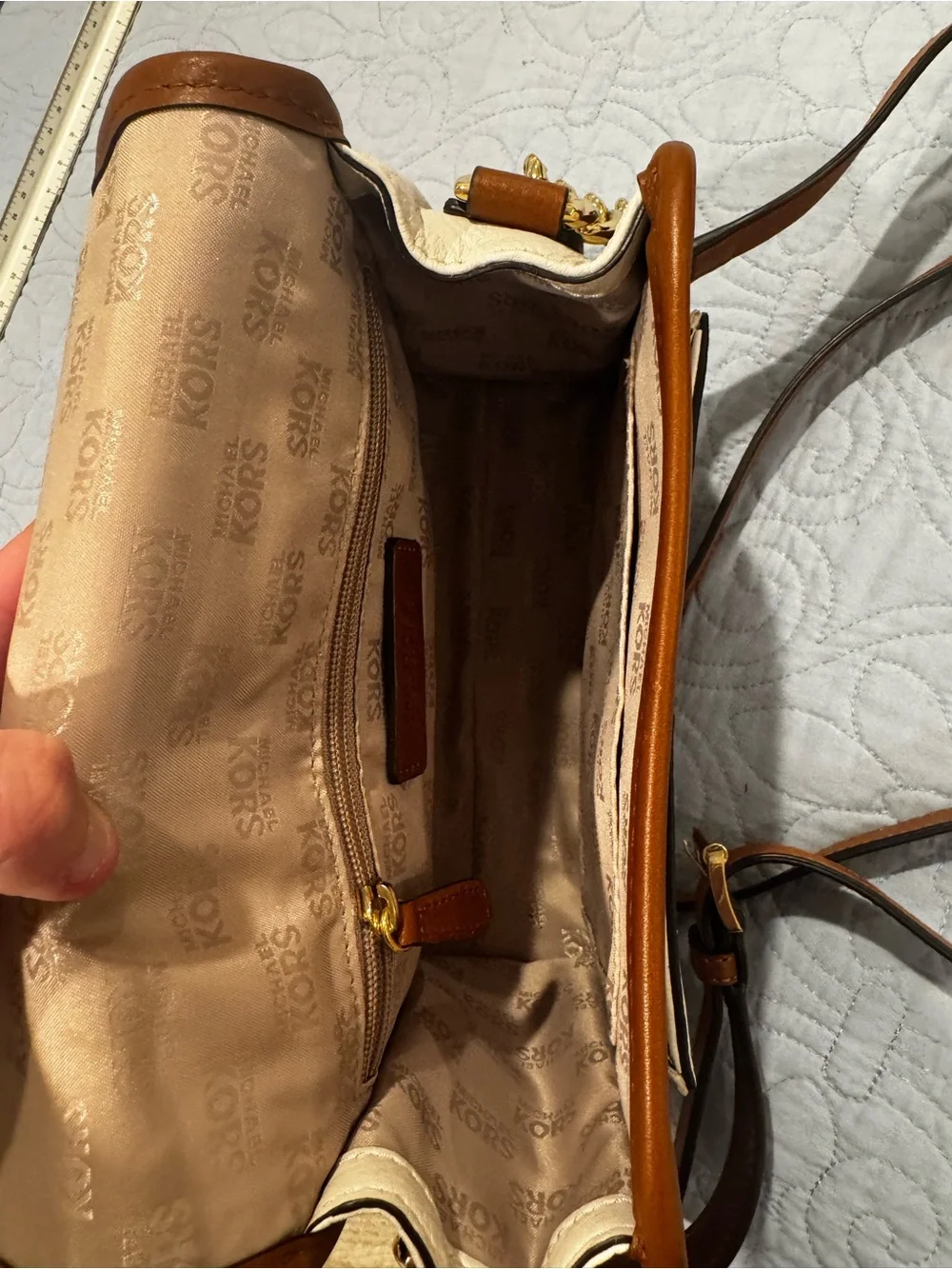 Michael Kors White and Brown Leather MK Logo Crossbody